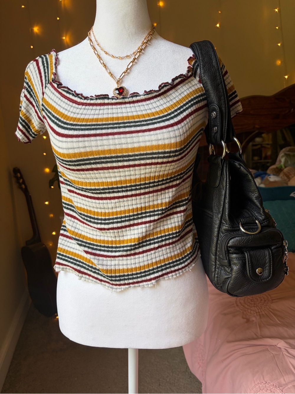 Ribbed Short-Sleeve Striped Top in Cream with Mustard, Olive & Burgundy